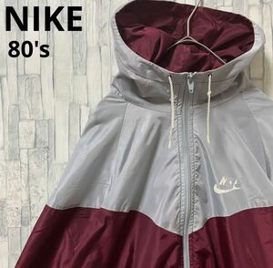 NIKE ナイキ ナイロンジャケット サイズM 長袖 シンプルロゴ 紺タグ 80s 80年代 フルジップ バイカラー フーディ 送料無料