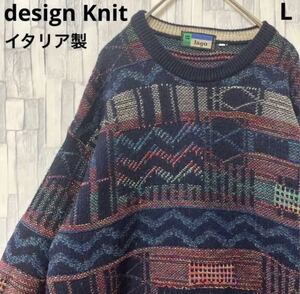 Iago design Knit デザインニット 柄ニット セーター 総柄 個性派 アート柄 長袖 サイズLイタリア製 ウール レトロ 送料無料