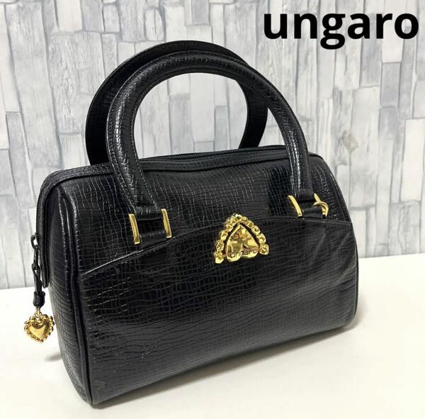 ungaro ウンガロ ハンドバッグ ミニボストンバッグ レザー 革 ゴールド金具 ブラック 送料無料