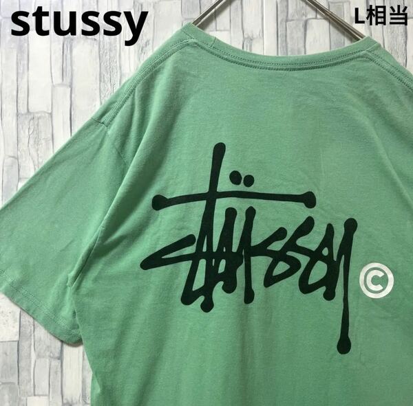 stussy ステューシー 半袖 Tシャツ ビッグロゴ デカロゴ バックロゴ サイズM グリーン メキシコ製 ショーンフォント 両面プリント 送料無料