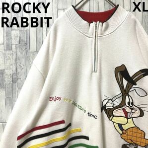 [値下げ] ROCKY RABBIT ロッキーラビット 長袖 ハーフジップ スウェット トレーナー 刺繍ロゴ ワッペン XL アニマル ウサギ ダサかわ