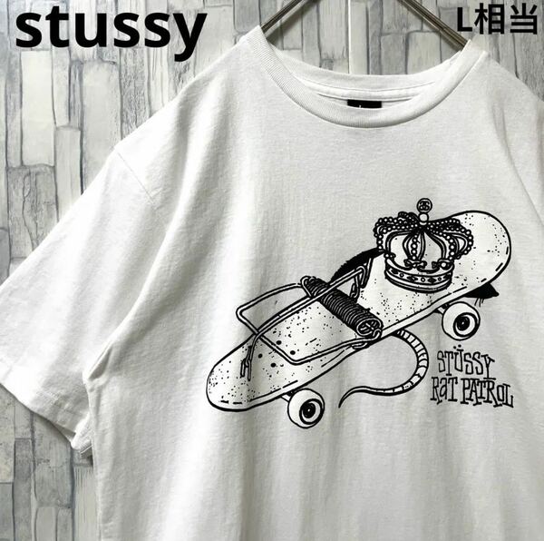 stussy ステューシー 半袖 Tシャツ ビッグロゴ デカロゴ サイズM ホワイト スケボー 王冠 送料無料