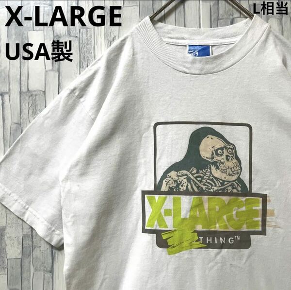 X-LARGE xlarge エクストララージ 半袖 Tシャツ ビッグロゴ デカロゴ サイズM ホワイト ガイコツ スカル ドクロ USA製 送料無料
