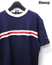 M【Stussy Tee Navy Stussy LINE Tee ステューシー Tシャツ ラインTシャツ ネイビー ポリエステル メッシュ オールド】_画像1