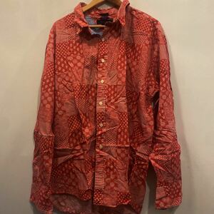 90s Tommy HILFIGER ペイズリーシャツXXL☆送料込☆トミー ヒルフィガー 花柄 赤 レッド 総柄 パッチワーク プリント バンダナ