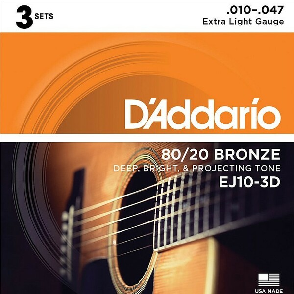 3セットパック D'Addario EJ10-3D Extra Light 010-047 80/20 Bronze ダダリオ アコギ弦