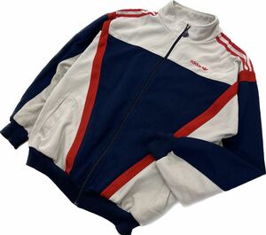 80s ☆ adidas ビンテージ ネイビー グレー レッド ジャージ ジャケット トレックジャケット L スポーツ 古着 アディダス 台湾製■DD249