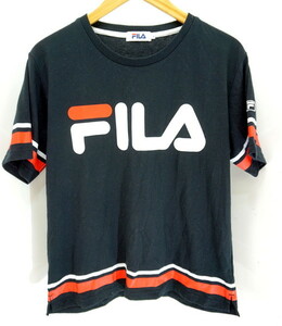 ■フィラ FILA 黒 ブラック 胸デカロゴ 赤白ライン 半袖Tシャツ Mサイズ相当■EA