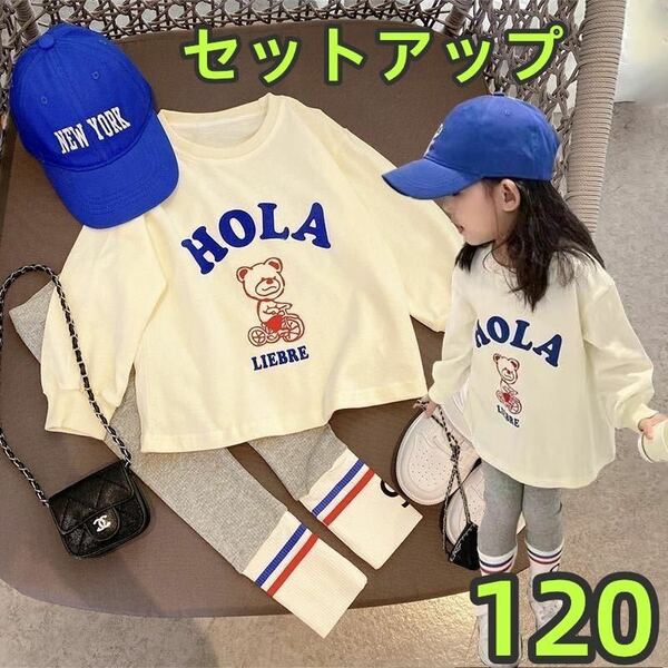 キッズセットアップ　クマロゴTシャツ　レギンスパンツ　春秋物　男女兼用　長袖　120