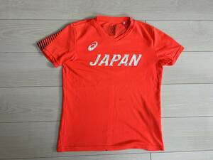 ★アシックス asics Vネック スポーツTシャツ JAPANロゴ D1 Sサイズ オレンジ★