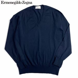 美品◇Ermenegildo Zegna エルメネジルドゼニア◇イタリア製 ウール100％ Vネック ニットセーター メンズ 紳士 サイズ48/Ⅲ 濃紺 無地