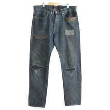 美品 LVC Levi's リーバイス 501Z レザーパッチ セルビッチ ヴィンテージウォッシュ ダメージ加工 デニムパンツ W34 L32 インディゴブルー_画像1