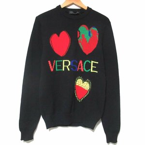 美品 19AW VERSACE ヴェルサーチ ハートロゴ クルーネック ニットセーター プルオーバー 44 165/80A ブラック