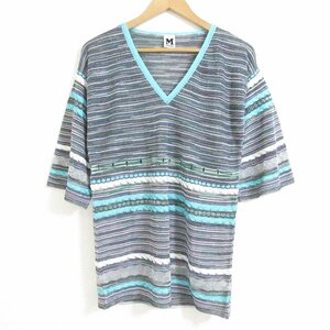 美品 MISSONI エムミッソーニ 総柄 マルチボーダー ラメ加工 半袖 ニットTシャツ カットソー 40 マルチカラー