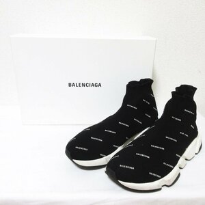  прекрасный товар BALENCIAGA Balenciaga SPEED TRAINER скорость футболка Logo общий рисунок носки спортивные туфли размер US8 27cm черный × белый 