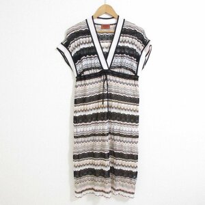 美品 MISSONI ミッソーニ 総柄 シルクブレンド 半袖 Vネック 膝丈 ニット ワンピース 42 マルチカラー