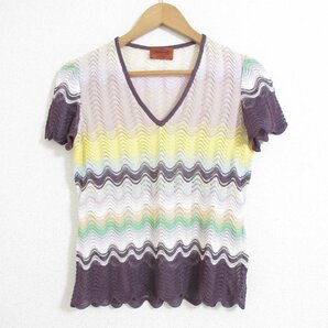 ほぼ美品 MISSONI ミッソーニ 総柄 シェブロンストライプ柄 半袖 ニット カットソー 大きいサイズ 44 マルチカラーの画像1