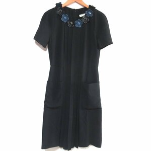  beautiful goods FENDI Fendi leather flower motif short sleeves knee height pleat dress One-piece I40 160/88A size black 