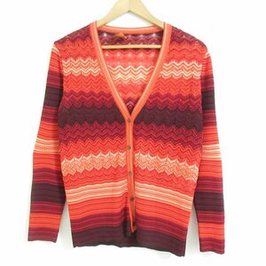 美品 MISSONI ミッソーニ 総柄 シェブロンストライプ 長袖 ニット カーディガン 大きいサイズ 48 レッド系 マルチカラー