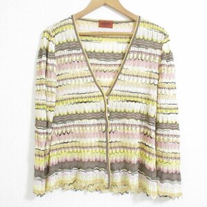 美品 MISSONI ミッソーニ 総柄 シルクブレンド 3B 長袖 スカラップ ニット カーディガン 大きいサイズ 48 マルチカラー