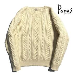 美品【定価4万超】Papas パパス カシミヤ ケーブルニット 48(M) クルーネック セーター メンズ【着心地抜群】ウール オフホワイト 日本製