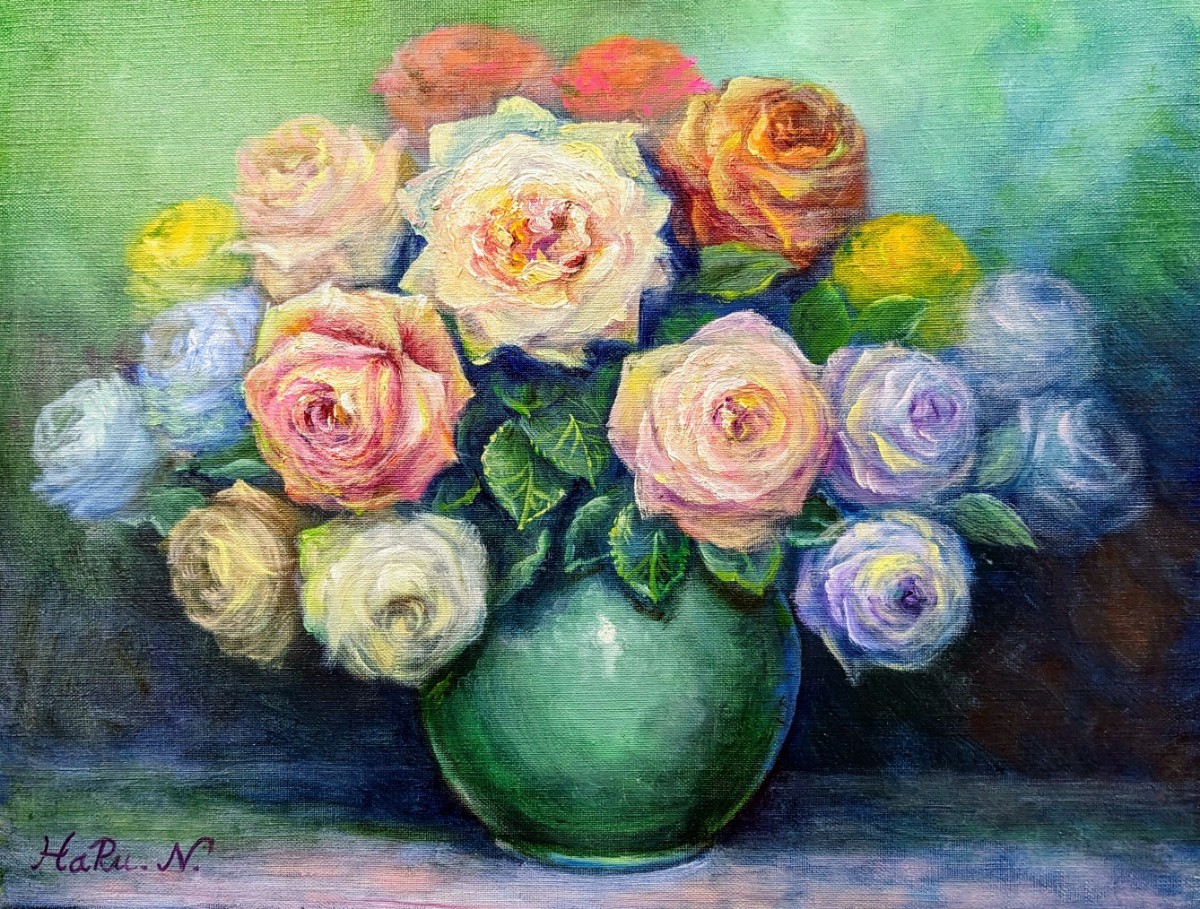Artist Haru☆Oil painting F6 size★Roses★Authentic, Original Artwork, One of a kind., Painting, Oil painting, Still life