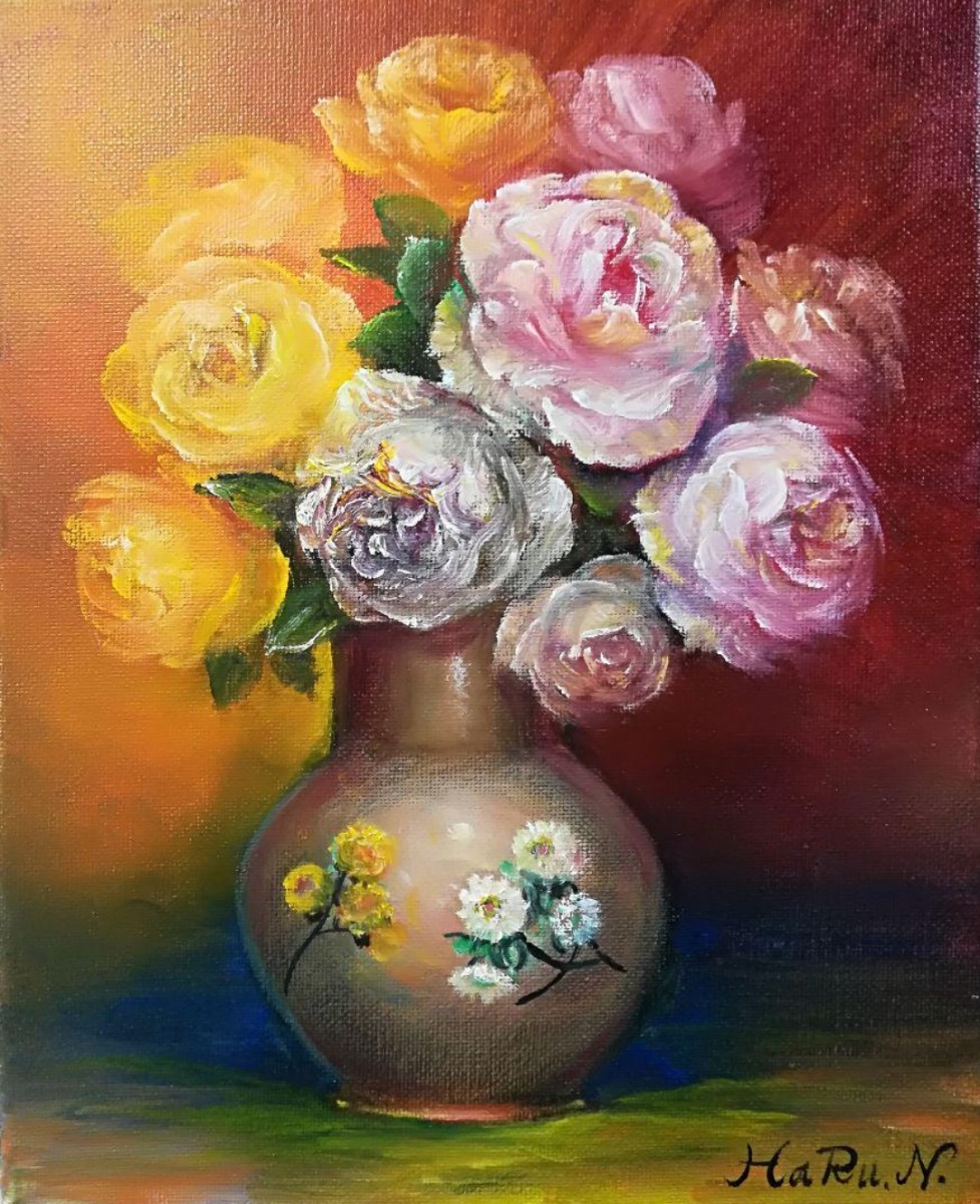 Painter HaRu Flowers Roses Vase Painting Oil Painting, Painting, Oil painting, Still life