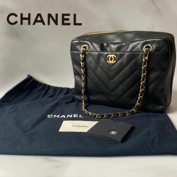 0229　CHANELシャネル　Vステッチ チェーンショルダーバッグ ラムスキン ブラック　 ココマーク　 鞄