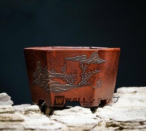 Art hand Auction Beautiful item ☆ Luxurious feel ★ Purple clay Bonsai pot Flower pot Square pot Landscape Relief Purple clay painting Hexagonal Handmade Width 10.5cm x Height 6cm, bonsai, Bonsai Tools, Pot