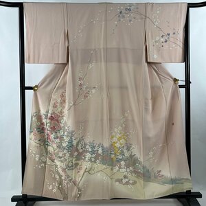 訪問着 身丈158cm 裄丈64cm M 袷 落款 枝梅 樹木 ぼかし 薄ピンク 正絹 美品 名品 【中古】