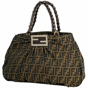 フェンディ FENDI ズッカ柄 チェーン ハンドバッグ トートバッグ ハンドバッグ キャンバス ブラウン 8BR616 レディース 【中古】