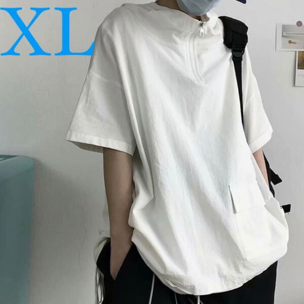 XL 半袖 ハーフジップ パーカー 白 ホワイト オーバーサイズ 韓国 プルオーバーパーカー 半袖パーカー トップス ビック