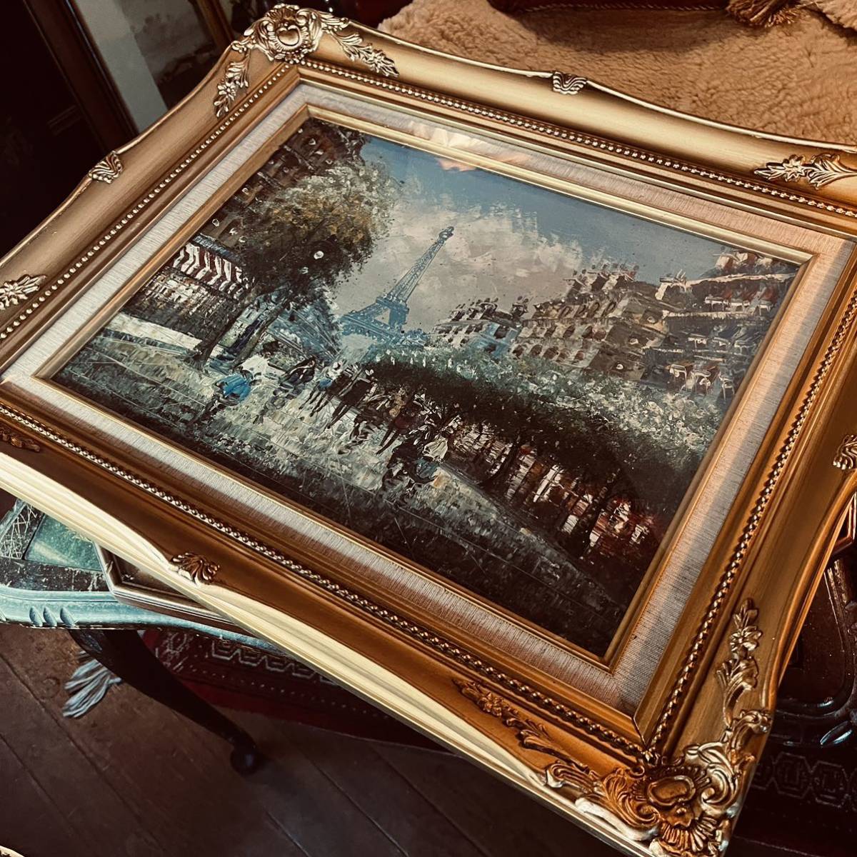 Yufuin Antique '70 Pintura al óleo Pintura de paisaje Pintura al óleo Pintado a mano Paisaje urbano Francia París Torre Eiffel Firmado Café Restaurante Tamaño HWD, cuadro, pintura al óleo, Naturaleza, Pintura de paisaje