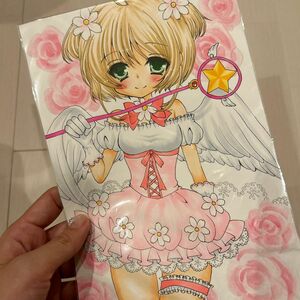 手描きイラスト カードキャプターさくら 桜 天使 花 フリル レース ピンク 可愛い ハーフツイン ツインテール 変身 衣装