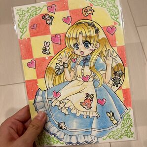 手描きイラスト オリジナル 不思議の国のアリス 可愛い 金髪 ハート 女の子 少女 色鉛筆 アナログ絵 ミニキャラ オリキャラ