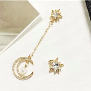 ピアス 月 星 パール ゴールド アシンメトリー スター アシメ