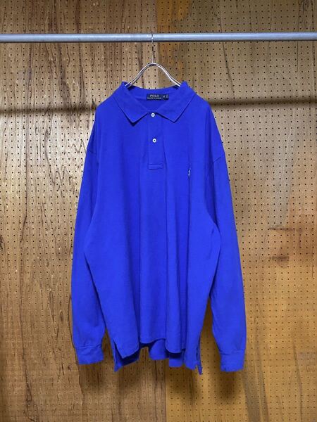 古着 00年代 00s POLO Ralph Lauren ポロラルフローレン ロング ポロシャツ 長袖 青 ブルー ポニーロゴ 刺繍 2XB BIG 3XL 大きい ビッグ