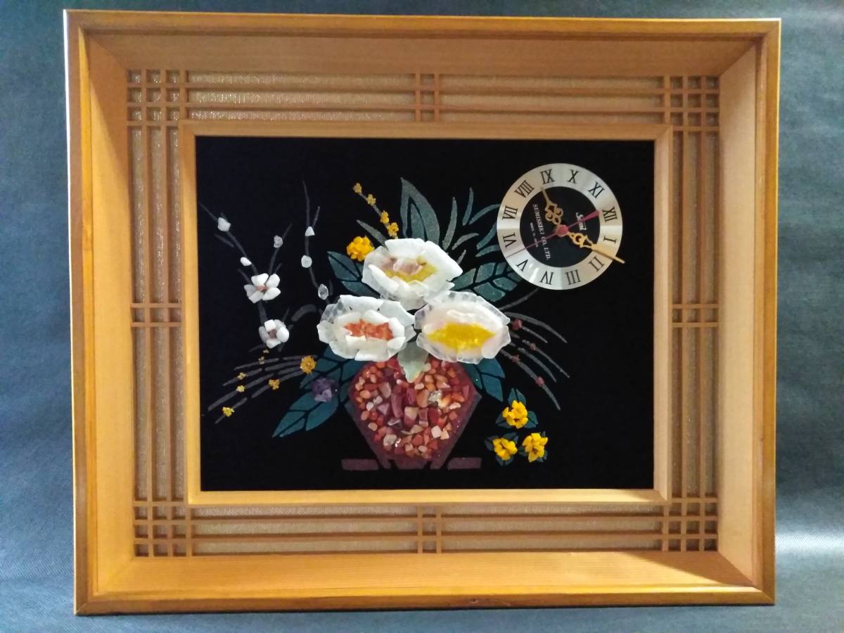 Peinture de pierres précieuses, Art de la pierre, Fleurs, Horloge, Verre, Cadre en bois, 48 cm x 57 cm x 8 cm (A-2), Ouvrages d'art, Peinture, autres