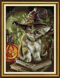 クロスステッチキット キャットマジシャン 猫 14CT 図案印刷あり 25×32cm 刺繍 ハロウィン