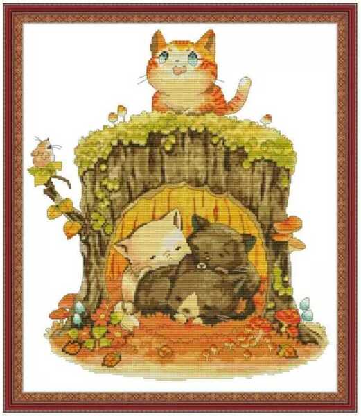 クロスステッチ 切り株猫 14CT 図案印刷あり 刺繍 39×45cm