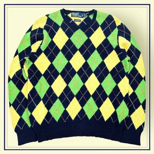 カシミヤ混◆ Polo RALPH LAUREN ポロ ラルフローレン アーガイル柄 チェック柄 長袖 コットン ニット セーター Mサイズ/マルチ/メンズ