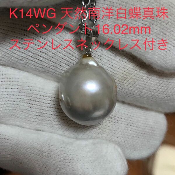 K14WG 天然南洋白蝶真珠　プラチナ系ペンダント16.02mm ステンレスネックレス60cm付き