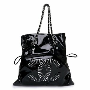 （中古）シャネル CHANEL チェーンショルダー ボンボンバッグ トート パテント ストラスCC エナメル ブラック 黒 シルバー金具 A47741