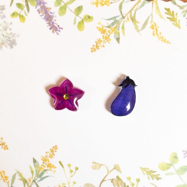 小さなピアスシリーズ★ナスと茄子の花のピアス/ノンホールピアス(樹脂イヤリング)