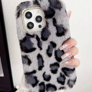 韓国 iPhone ケース ヒョウ柄 ブラック ふわふわ もこもこ