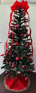 美品 クリーニング作業済み クリスマスツリーセット 180cm レッド ボールスリムツリー LEDイルミネーション付 （検271