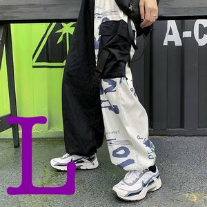 カーゴパンツ ワイドパンツ ツートン ワークパンツ ボトムス フレアパンツ パンツ レディース メンズ ストレートパンツ 黒 白 L