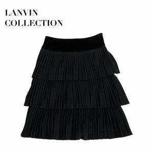 中古 ランバン コレクション LANVIN COLLECTION 膝丈 3段 プリーツスカート 黒 ベロア パーティ レディース サイズ38