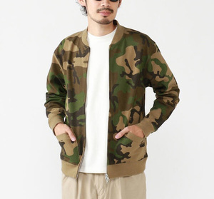 美品 BEAMS PLUS ＋ ビームスプラス 21AW CAMO ウッドランドカモ スウェット ジップ ジャケット ブルゾン Lサイズ 迷彩