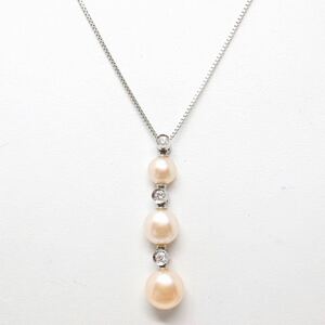 《Pt900/Pt850天然ダイヤモンド付淡水パールネックレス》O 5.9g 44.5cm 6.0-8.0mm珠 pearl necklace ジュエリー jewelry EB2/EB2